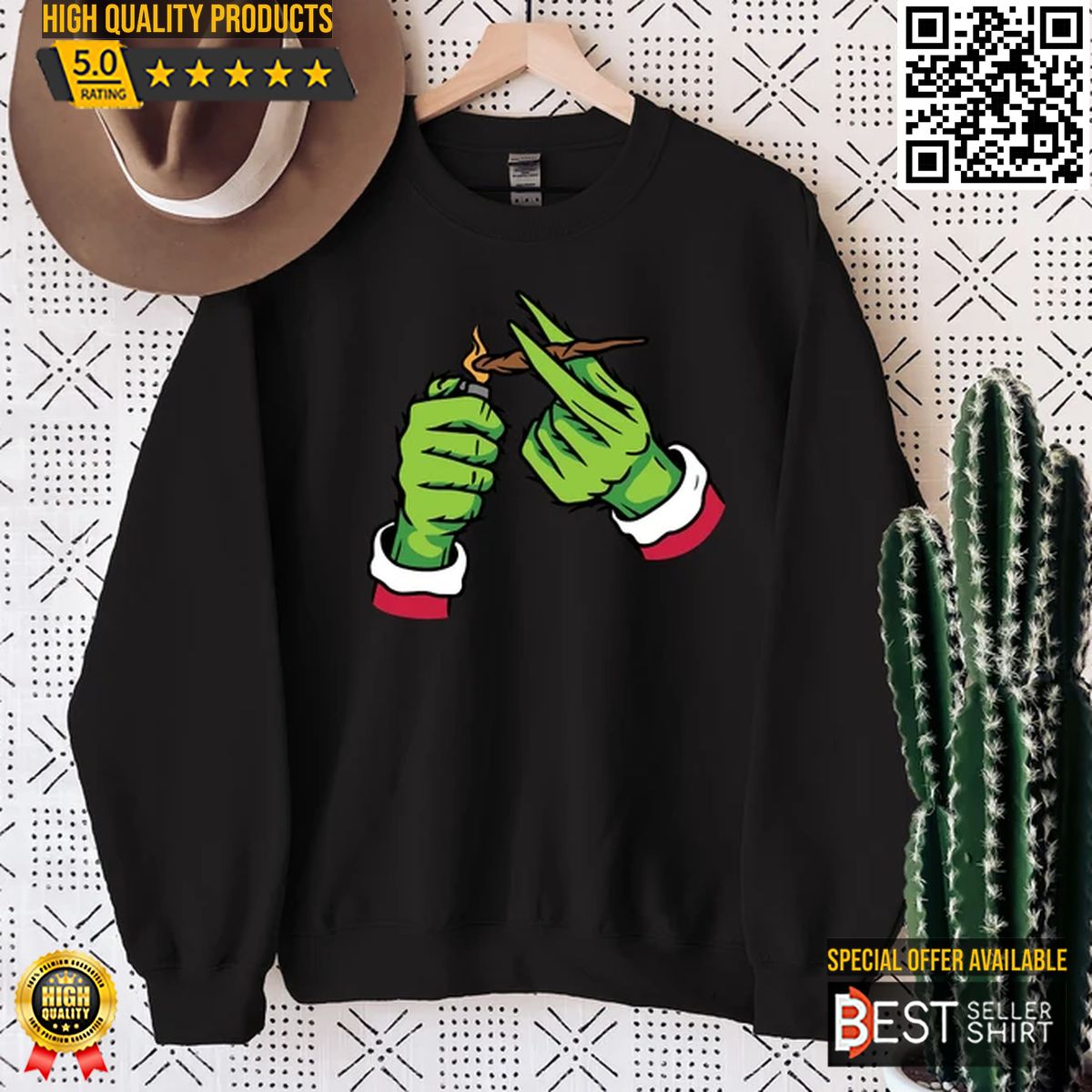 Christmas Pothead Sweatshirt Funny Grinch Hand Cannabis Marijuana Xmas Shirt Best Seller Shirts Design In Usa